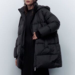 Zara Black Puffer Feather & Down Blend Water Repellent Coat